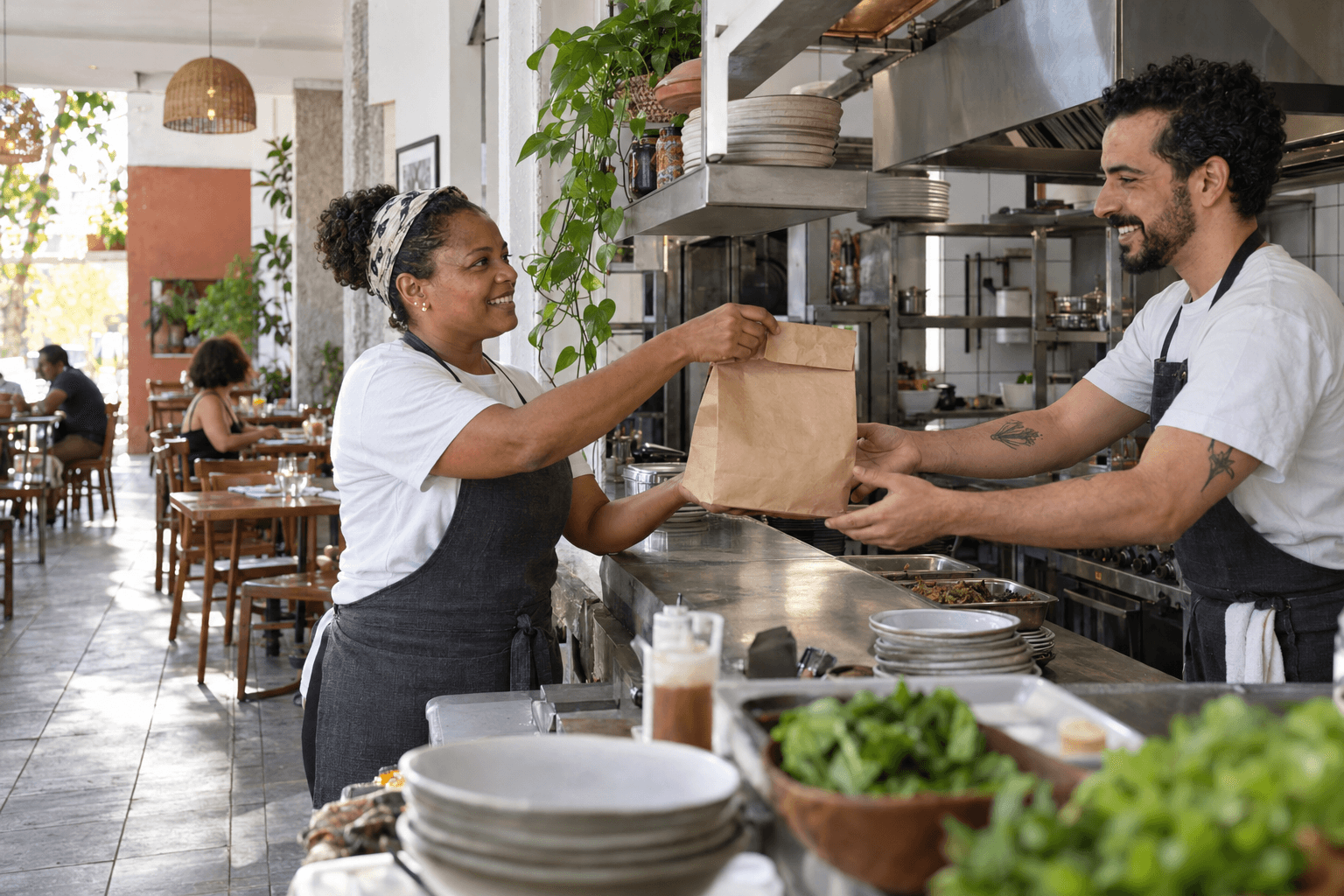 Profissionais preparando a saída de pedidos em um restaurante